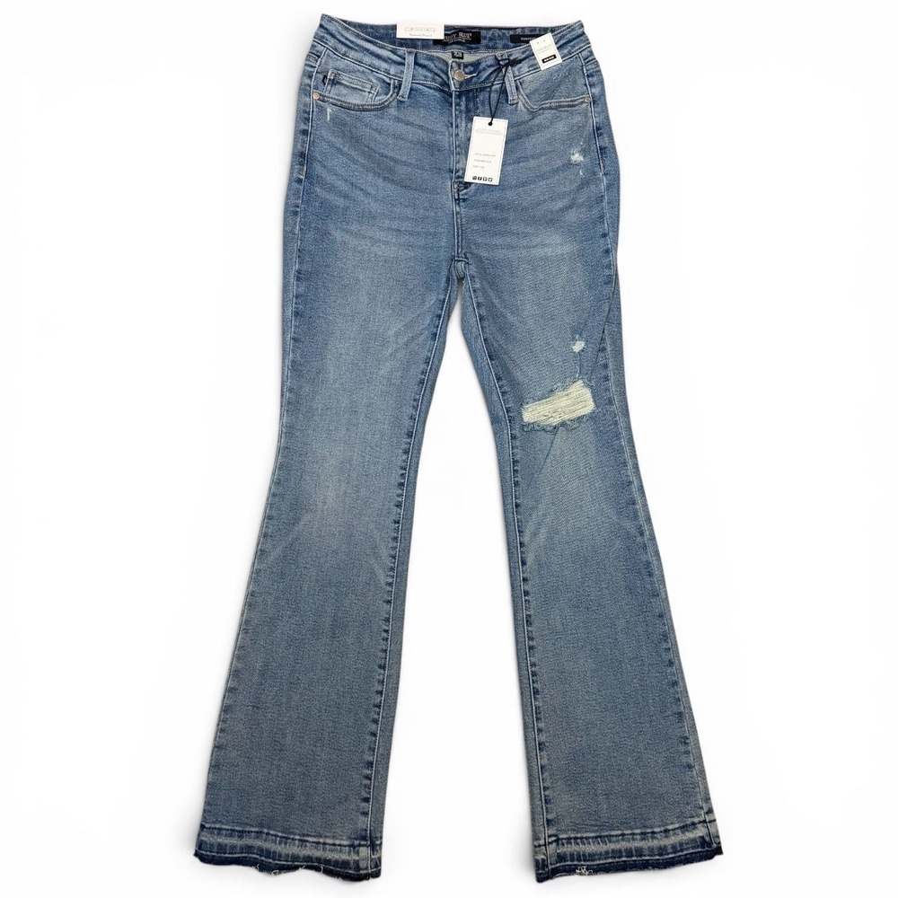 Judy Blue Distressed Raw Hem Mid Rise Bootcut Denim Jeans • Size 7/28 • NWT